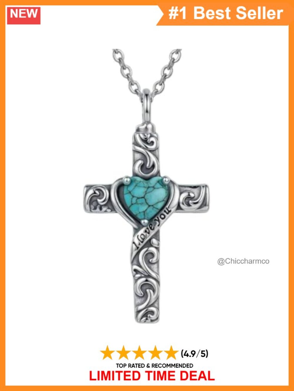 925 Sterling Silver Cross Necklace Heart Turquoise 18 Inch Women's